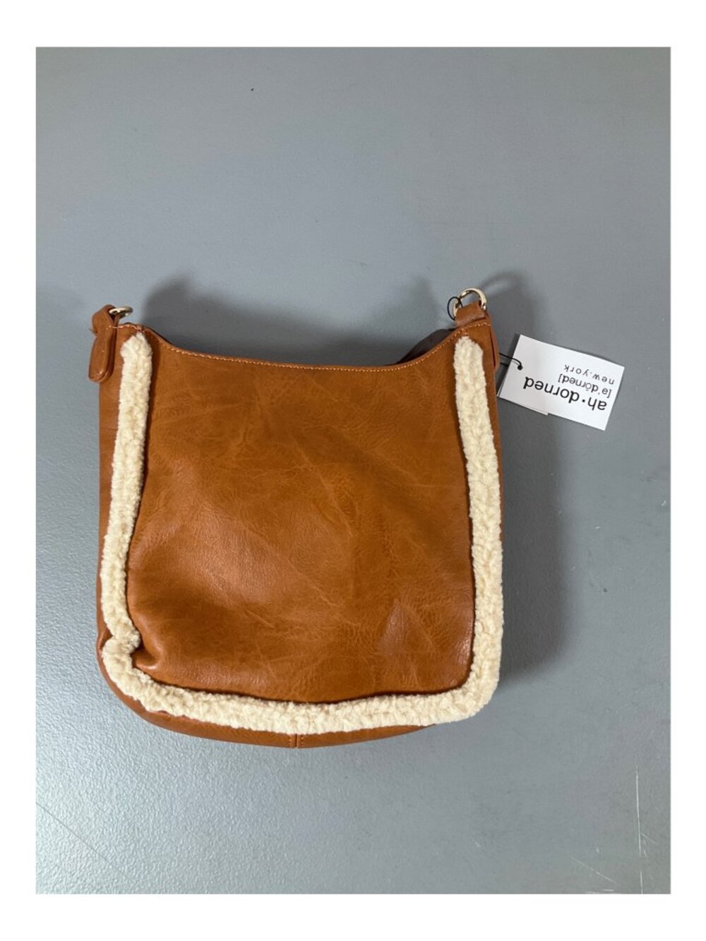 Adorned Sherpa and Faux Leather Messenger Bag - Adjustable Strap, Camel/Cream